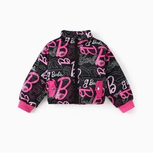 Barbie Kid Logo Pattern Long-sleeve Crop Puffer Jacket Multi-color Pink & Black